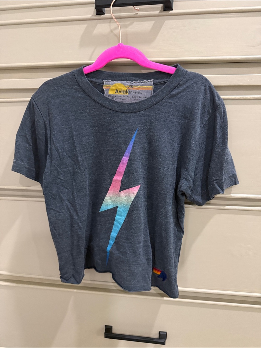Aviator Nation Charcoal Tee with Pastel Rainbow Lightning Bolt